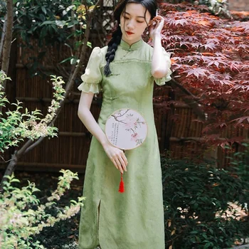 2022. gada Vasaras Elegants Saldās Qipao Retro Uzlabot Ikdienas Izšūšanas Cheongsam Īsām piedurknēm Zaļā Izšūti Augstas klases Sieviešu Kleita