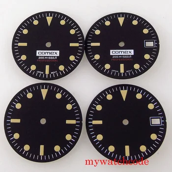 28.5 mm Black Watch Dial Dzeltenās Zīmes Ar Datuma Logu NH35 Kustību Atbilstu Gadījumā Vainagu Pēc pulksten 3