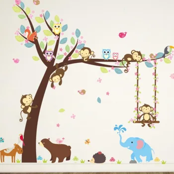 Meža Dzīvnieki sienas uzlīmes, Pērtiķis, Lācis Koku bērniem, Bērnu istabas Sienas Decal Bērnistaba, Guļamistaba Dekori Plakātu Sienas