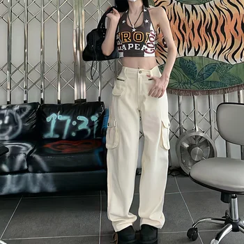 Streetwear Baltu Kravas Bikses Sievietēm Augsta Vidukļa Vintage Draugs Baggy Džinsi Y2k Lielajam Aukliņu Plaša Kāju Gadījuma Bikses