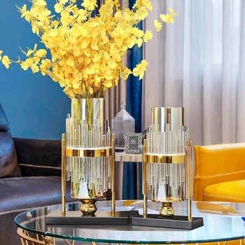 Metāla Caurspīdīga Stikla Vāzes Mūsdienu Dizaina Luksusa Kristāla Augu Pot Sausie Ziedi Dzīvojamā Istaba Jarrones Galda Dekorēšana