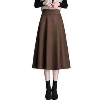 Vintage Haki Melni Svārki Sieviešu Vilnas Augsts Viduklis-line Ilgi Svārki, korejas Modes Rudens Ziemas Harajuku Streetwear M-4XL юбки