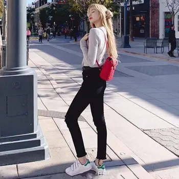 Kpop korejas Slavenību Streetwear modes augsta vidukļa caurums izdilis džinsi sievietēm līdz 2023. gada rudenī Jaunu un seksīgu slim kājas džinsi meiteņu drēbes