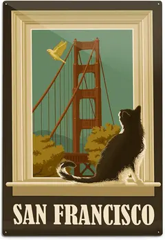 Laternu Nospiediet San Francisco, California, Golden Gate Bridge, un Kaķis Logā (12x18 Alumīnija Sienas Zīme, Sienu Dekors Gatavs Pakārt)