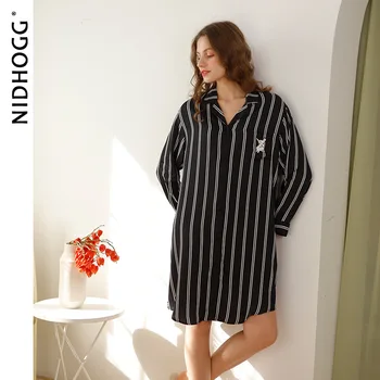 Ir 2021. Nakts Kleita Sievietēm Sleepwear Long Sleeve Svītrainām Nightgowns Vasaras Dāmas Nightdress Satīna Gadījuma un Brīvs Svārki, Miega Topi