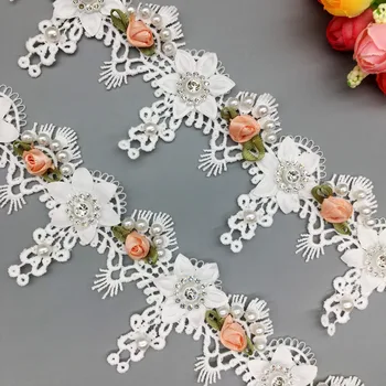 20x 3D White Flower Pērļu Izšuvumiem Dimanta Pušķis Mežģīnes Apdari Auduma lenta, Roku darbs Kāzu Kleitu Drēbes DIY Šūšanas Kuģiem