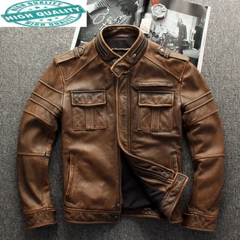 Jaka īsti Vīri Vintage Stand Apkakli Motociklu Mētelis Govs Ādas Jakas Streetwear Cilvēks Apģērbu Casaco Masculino WPY3886