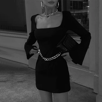 Lielās Ielas Laukumā Apkakles Kleita Sexy Backless Ķēdes Sieviešu Kleitas Elegantu Apģērbu ar garām Piedurknēm Balli 2021. Gada Rudenī Drēbes