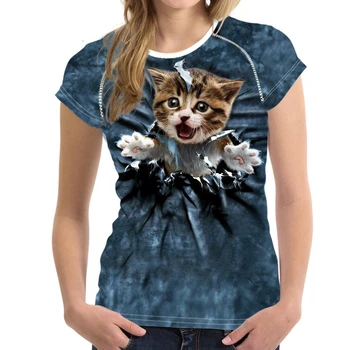 Sieviešu 3D Gudrs Kaķis Print T-krekls Ielu Modes Tendence Sieviešu Top Super Liels Vasaras Apaļu Kakla Ikdienas Krekls ar Īsām Piedurknēm