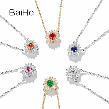 BAIHE Solid 18K Balts/Dzeltens/Rose Gold Diamond/emerald/sapphire/ruby/rozā safīrs/oranža Kulons Clavicle Ķēdes Sieviete Kaklarotas