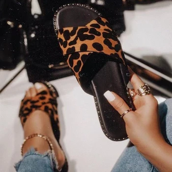 Modes Āra Sieviešu Leopards Drukāt Pludmales Čības, Vasaras, Vieglo Gadījuma Dzīvoklis Papēži Pāri Siksna Atvērtu Purngalu Zapatos Mujer De Sandales