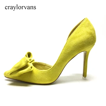 2017 modes zīmolu kurpes norādīja toe augsta papēža dzeltenas krāsas sieviešu sūkņi Fauxbsuede biroja dāma apavi