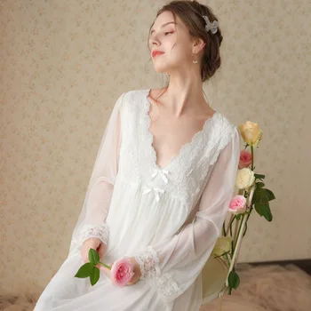 Seksīga Mežģīņu Acu Nakts Kleita Sievietēm Pavasara Rudens Pasaku Baltā Peignoir Nightie Viktorijas Vintage Ilgi Nightgowns Princese Sleepwear