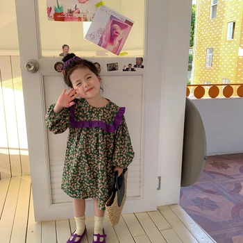 Jaunu Ziedu Drukāt Maz Meitene Modes Princese Saģērbt Sweet Pavasara Rudens Toddler Garām Piedurknēm Vintage Kleitas Bērnu Meiteņu Drēbes