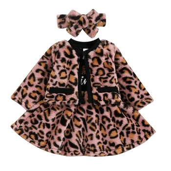 Baby Toddler Meitene Drēbes garām piedurknēm Vēstuli Tipogrāfijas Salikuma Kleita Leopards Drukāt Mētelis un Priekšgala Galvu Uzstādīt Jaunu Modes 2022