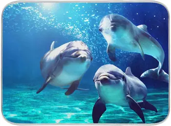 Laimīgs Delfīni Trauku Žāvēšanas Mat Virtuves 18 X 24 Collu Jūras Zivis Sausā Ēdienus Kluči, Paklāji, Trauki Aizsargs Countertops Skaits