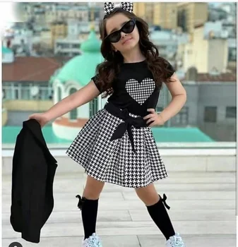 Toddler Bērniem Meiteņu Modes 2Pieces Apģērbs, Īsās Piedurknes Sirds Modelis T-Krekls Topi + Mežģīņu Mini Svārki valentīndienas Komplekts