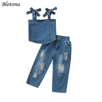 Blotona 2gab Toddler Meitene Vasaras Modes Džinsa Apģērbs, vienkrāsainu bez Piedurknēm, Kaklasaiti, Siksnu Crop Topi +Ripped Džinsa Bikses Komplekts, 1-6Y