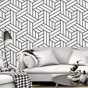 Nordic style tapetes ins TV fona melnā un baltā tīkla ģeometriskā guļamistaba, dzīvojamā istaba mūsdienu vienkāršas web slavenību wallpape