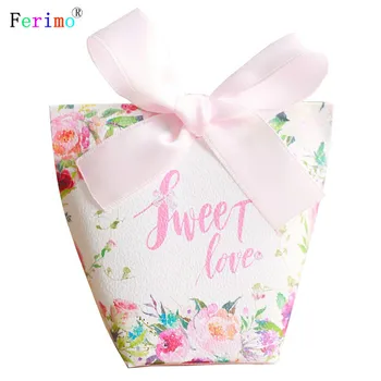 Ferimo 20pcs Radošas kāzu konfekšu kastes ar rozā lentes papīrs labu somas konfektes, dāvanu kastē kāzu decoraton