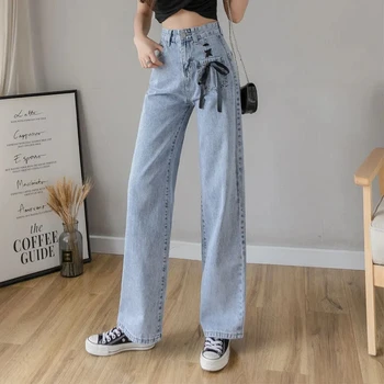 Augsta Vidukļa Rudens Vintage Jeans Sieviešu Noturību Ikdienas Plaša Kāju Bikses Streetwear Modes Slim Taisnas Bikses Dāmas Džinsi