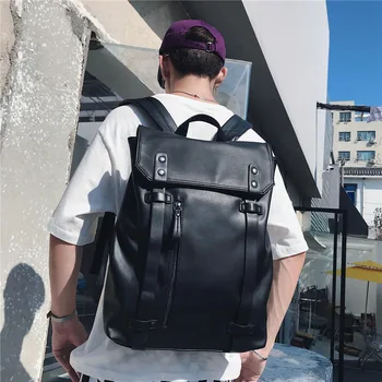 Ceļojumu Bookbag Soft Pu Ādas Solid Black Waterproof Atpakaļ Pack Vīriešiem Klēpjdatoru Skolas Soma Zēns Vīriešu Mugursoma Plānas 2021