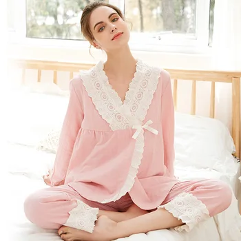 Sieviešu Kokvilnas garām piedurknēm Pidžamu V-veida Kakla Rozā Pijamas Plus Lieluma Zaudēt Sleepwear Divas Gabals, kas Pavasarī Sexy Naktsveļu Mājas Drēbes