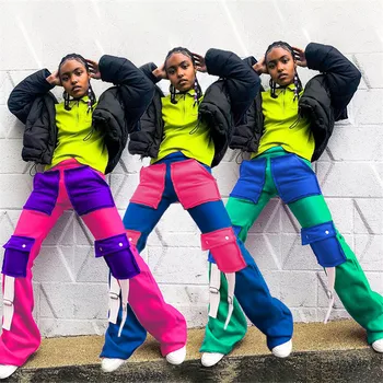 Jaunā Stila Sieviešu Raibs Bikses Stilīgu Krāsu Bloka Iesējuma Bikses Streetwear Forši Meitenes, Ikdienas Kravu Bikses ar Kabatu