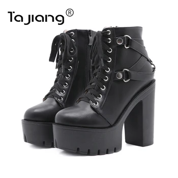 Ta Jiang Jaunu metāla apdare sieviešu potītes zābaki sieviešu kurpes ādas mežģīnes-up augsta papēža, platformas platformas īsi zābaki T2024