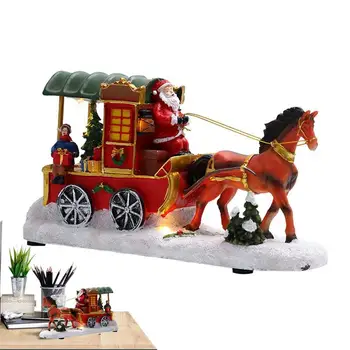 Santa Klauss Ar Pārvadājumi, Zirgu Ragavas Ar Santa Claus Grozs Santa Braukt Zirgu Vilktā Ekipāžā, Ornaments Ar Gaismas Mūziku