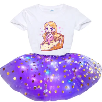 Īsi Svārki Uzvalks Vasarā Meitenes Spīdīga Kleita Bērni Karikatūra Izdrukāt T Krekls+Kvēlojošs Svārki Komplekts Princess Puse Kleita Baby Kids Apģērba