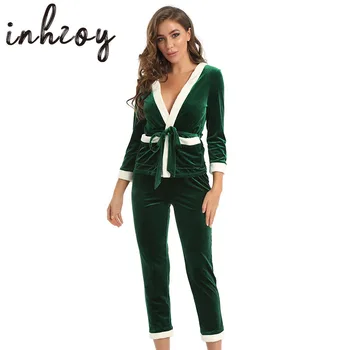 Sievietēm Ziemassvētku Siltu Zaļo Flaneļa Sleepwear Kabatas Pidžamas Komplekts ar garām Piedurknēm Topi, Jaka ar Bikses Mīksta Naktsveļu Loungewear