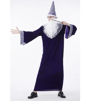 Pieauguši Vīrieši Vednis, Priestera Apģērbs Noslēpumaina Purpura Burvi Drēbes Halloween Vīriešiem Cosplay Burvis Samta Kostīms Ar Cepuri