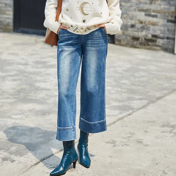 Pavasarī un rudenī džinsi sieviete 2019 jaunu rudens modes plus lieluma Tumši zila baggy elastīga, augsta vidukļa kultivē plaša kāju sieviešu džinsi