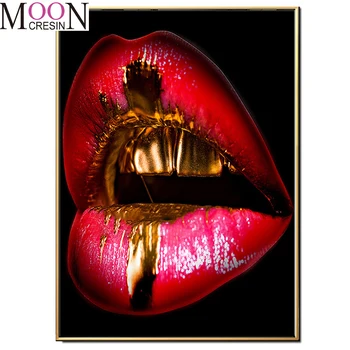 3D attēlu rhinestones mozaīkas Sarkanās Lūpas Ar Zelta Zobiem pilnu izšuvumi krāsot ar dimantu, gleznu pārdošana, kristāla pērlītes,