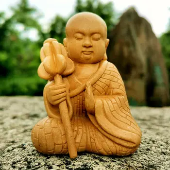 CC004ca - 8*6*6 CM Roku Cirsts Boxwood Budas Griešanai Statuetes - Mūks Zēns