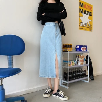 Rudenī Sieviešu Džinsa Svārki Korejiešu Stilā Vintage Slim Augsta Vidukļa Svārki Sievietēm Seksīgu Augsta Sadalīt Līniju, Gari Svārki