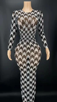 Melna Balta Modelis Sudraba Rhinestones Garām Piedurknēm Kleita Dzimšanas Dienu Svin Dziedātājs Apģērbs Sievietēm Dziedātāja Vakara Kleita
