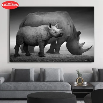 Dimanta Glezna Melnā un baltā dzīvnieku māksla, rhino Pilna Urbt Laukumā DIY Dimanta Izšuvumi Krustdūrienā Mozaīkas apaļas Mājas Dekoru