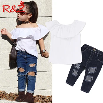 R&Z bērnu uzvalks 2019. gada vasarā jaunu Eiropas un Amerikas meitenes tērps, balts vārdu plecu krekls caurumu džinsi divu gabalu
