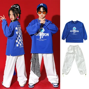 Bērniem Džeza Deju Kostīms, Zils ar garām Piedurknēm Topi Brīvs Baltas Bikses Kpop Apģērbs Meitenēm, Zēniem, Hip Hop, Street Dance Apģērbu YS4213