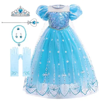 2022 Jauns Bērnu Elsa Kostīms Bērniem Princess Puse Apģērbu Mazās Meitenes Vasaras Karnevāls Sniegpārslu Kleita Grezna Vizuļi Vestidos