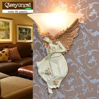 Qiseyuncai Eiropas sveķu sienas lampas dzīvojamā istabā sienas Eņģelis sienas lampas guļamistabas gultas radošo vienkārši eju kāpnes, LED lampas