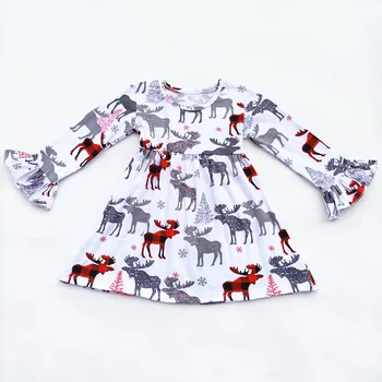 Ziemassvētku Meitenes Bērniem Kokvilnas Apģērbs Mazulim Ziemeļbriežu Drukāt Balts Ģimenes Rudens/Ziemas Ilgi Savirmot Piedurknēm Kleita Boutique