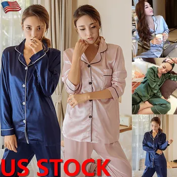 Informācija par MUMS-Sievietēm Satīna Zīda Pidžamas Komplekts Krekls ar garām Piedurknēm Topi Garas Bikses Kopa Sleepwear
