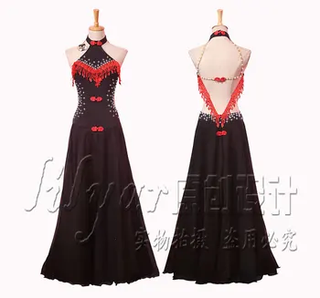 Moderni svārki kleita, konkurences kleita, darbības kleita, melnas Ķīniešu apkakles, Ķīnas sarkanā krāsā izšūti pušķis sprādzes