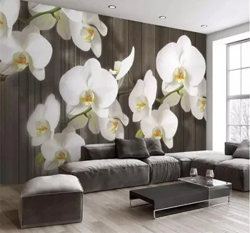 Pasūtījuma 3d stereo butterfly orhideju ziedu, koksnes graudu mūsdienu minimālisma sienu apdare, krāsošanas dzīvojamā istabā tapetes