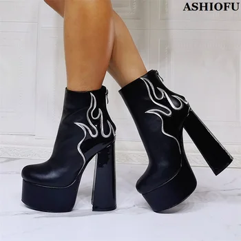 ASHIOFU Jaunu Karstā Classic Akciju Pārdošanu Sieviešu Chunky Papēži Zābaki Uguns Izstrādāta Platforma Nekustamā Fotogrāfijas Balli Zābaciņi Modes Pusei Apavi