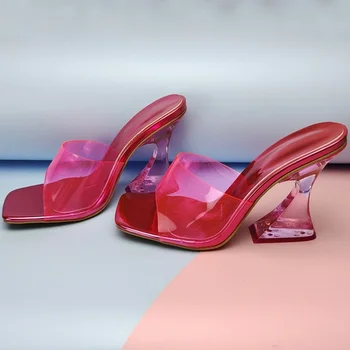 2022 Caurspīdīga PVC Sieviešu Čības Modes Kvadrātveida kājām Kausa papēžiem Vasaras Sieviešu Mūļu Slaidi Augstiem papēžiem Kurpes Sandales